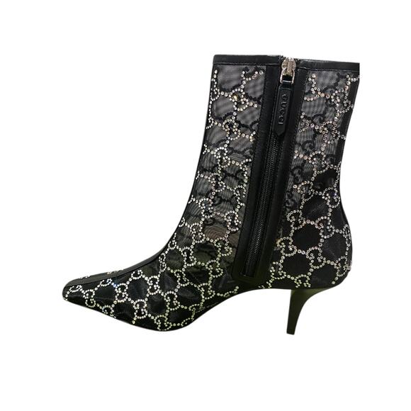 Gucci Demi Crystal GG Logo Mesh Pointed Toe Ankle Boot Black 85mm - Picture 10 of 13